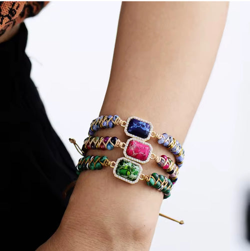 Adjustable Bohemian Multicoloured Bead Bracelet with Pink Square Stone Charm and gold zircon