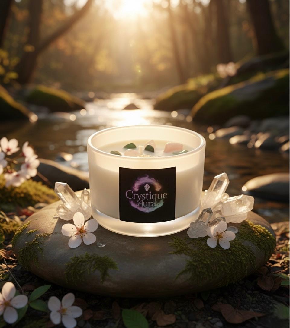 White Crystal Quartz & Green Fluorite Crystal-Infused Candle – Gardenia Scent