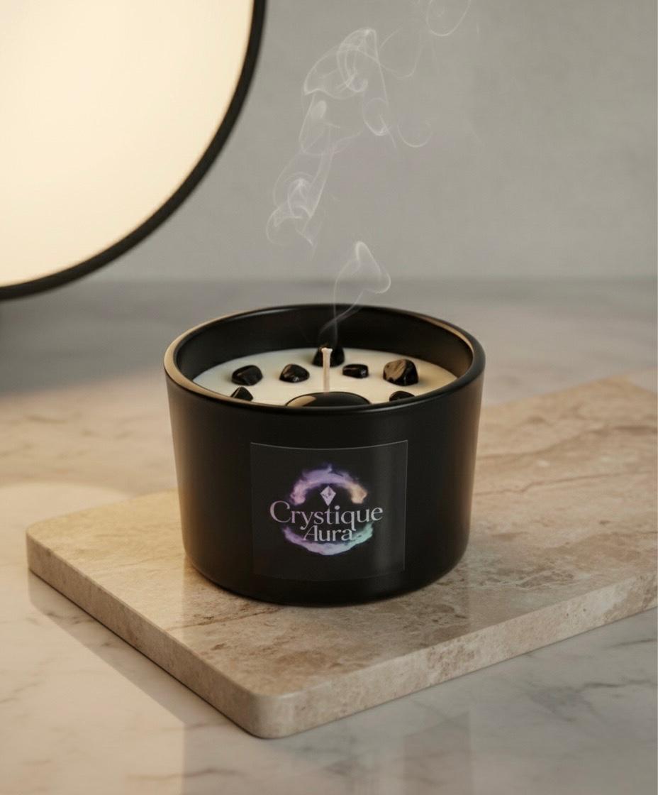 Black Obsidian Crystal-Infused Candle – Sandalwood Scent