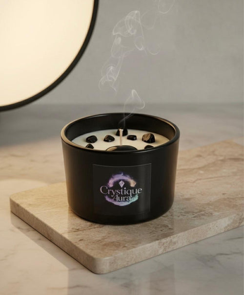 Black Obsidian Crystal-Infused Candle – Sandalwood Scent
