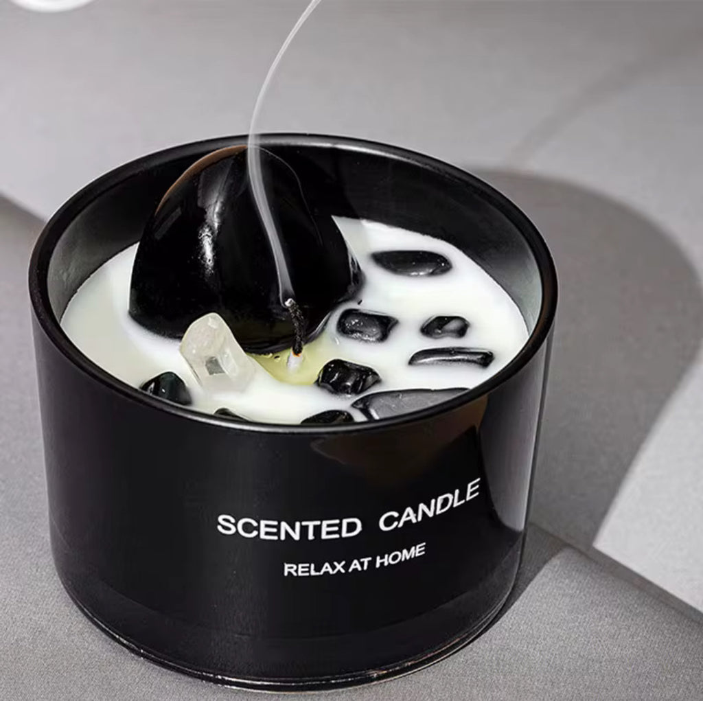 Black Obsidian Crystal-Infused Candle – Sandalwood Scent